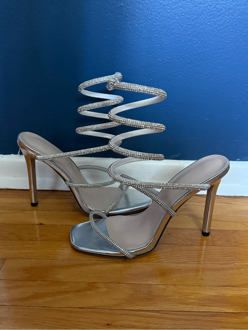SHEIN Silver Rhinestone Spiral-Strap Stiletto Heels